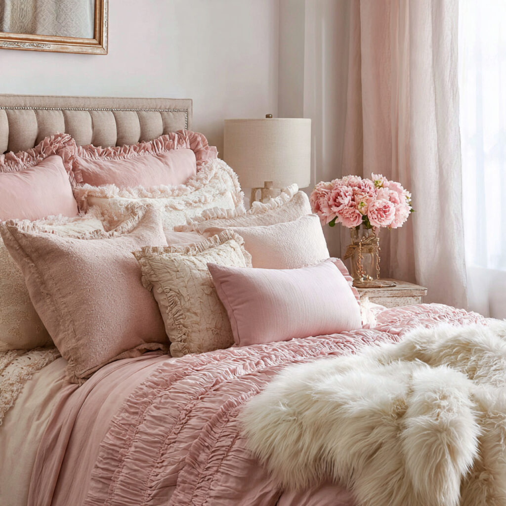 11 romantic pink bedroom with layered pillows layered