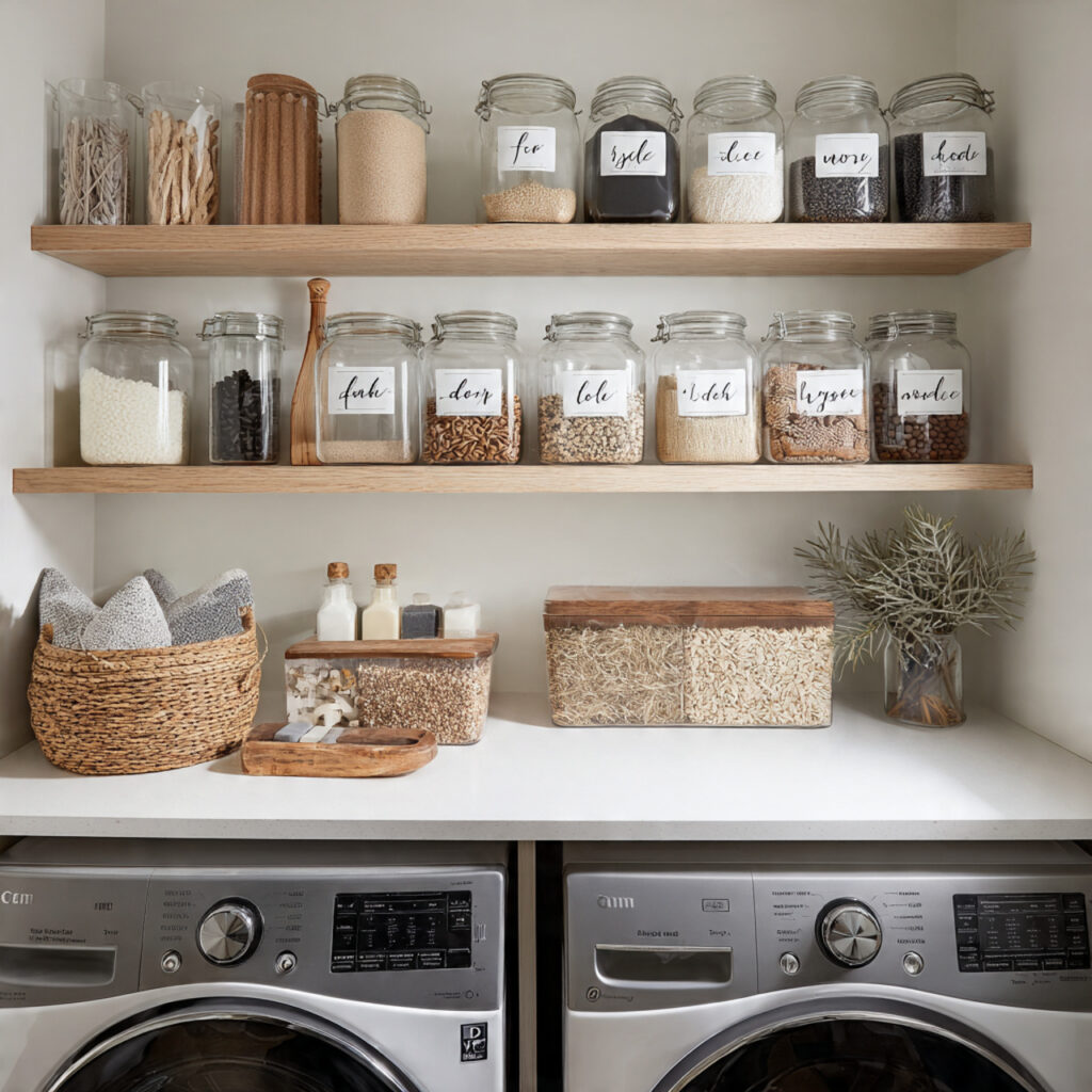 26 Modern Laundry Room Ideas That Are Functional and Instagram-Worthy 22 21 modern laundry room with labelled storage
