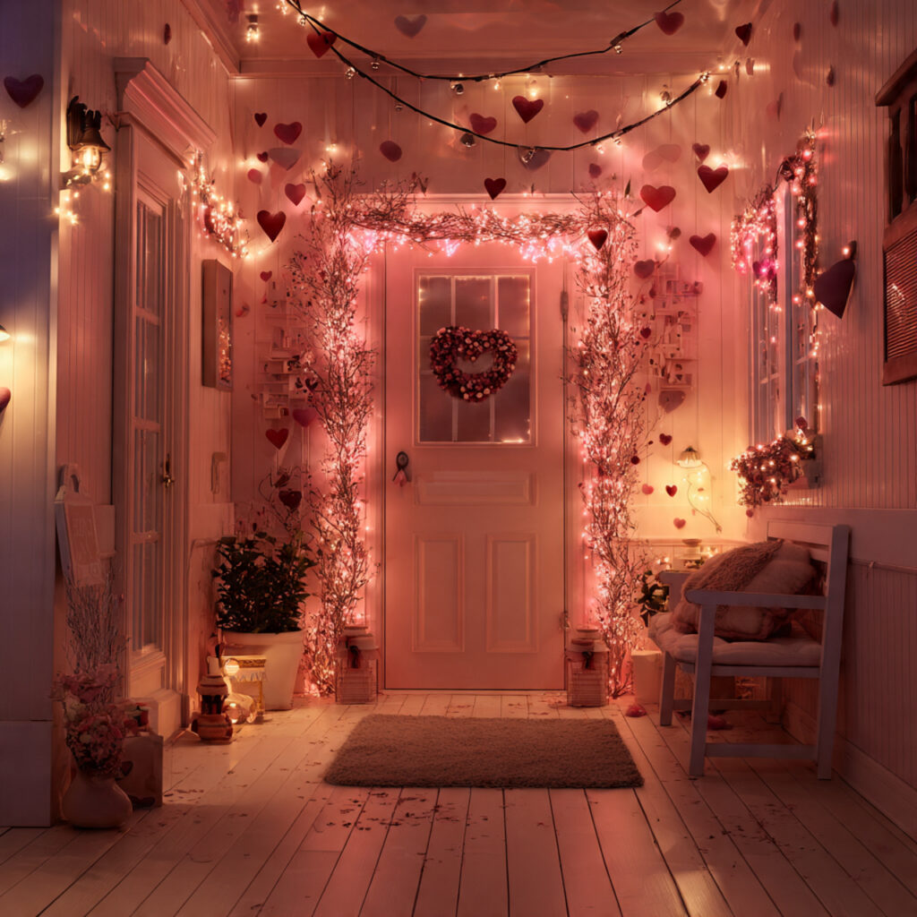 25 valentine door decor with warm lighting