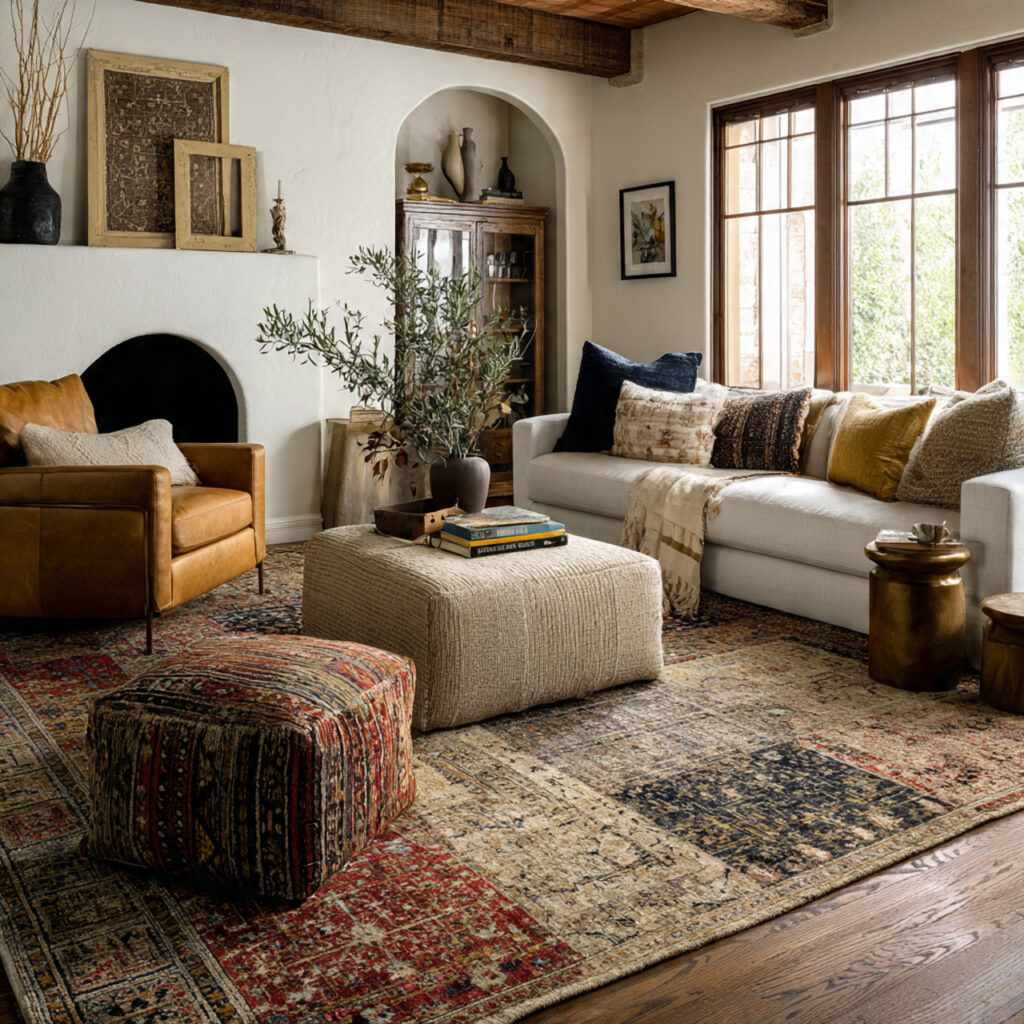 3 layered rugs in different patterns layered rugs