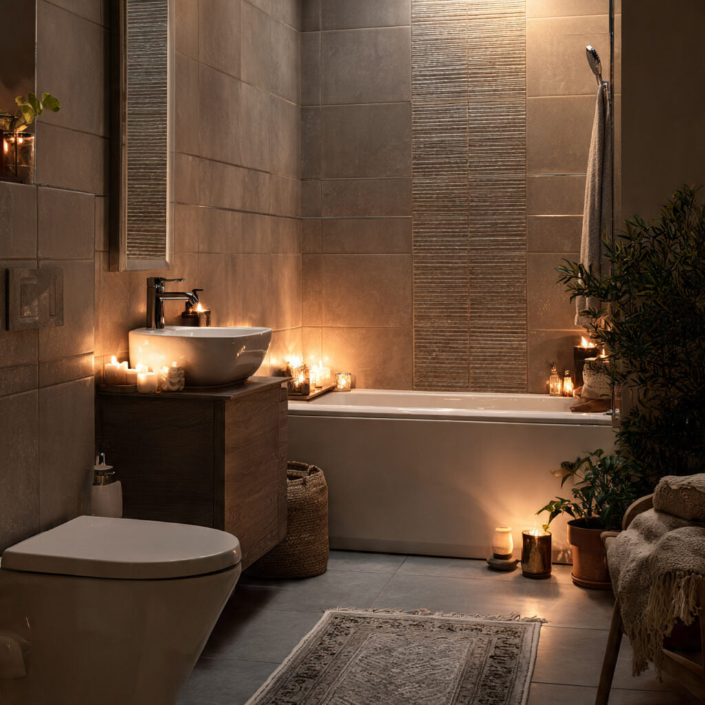 23 Boho Style Bathroom Ideas That Feel Relaxed and Aesthetic 21 a bathroom with candle style lighting that