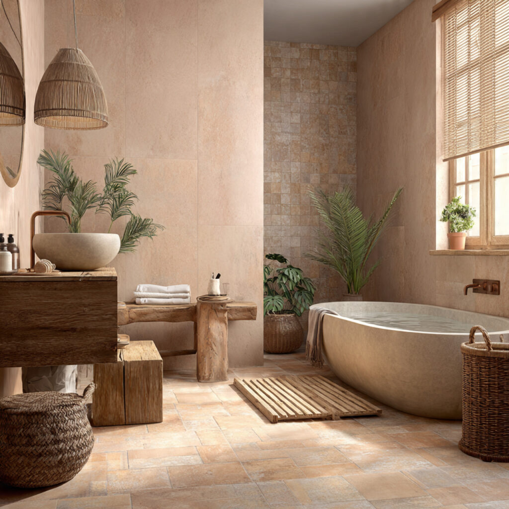 23 Boho Style Bathroom Ideas That Feel Relaxed and Aesthetic 3 a bathroom with earthy colors creating a