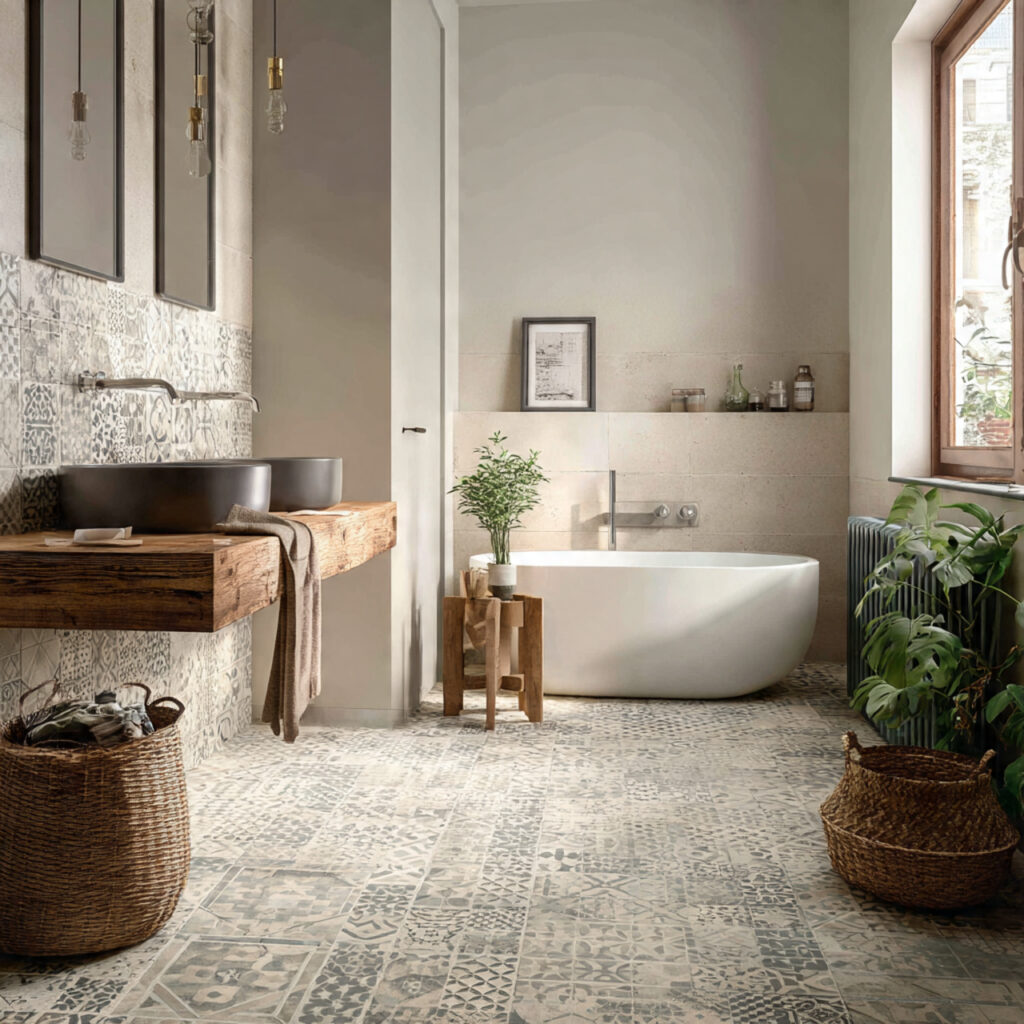 23 Boho Style Bathroom Ideas That Feel Relaxed and Aesthetic 9 a bathroom with patterned tiles in small
