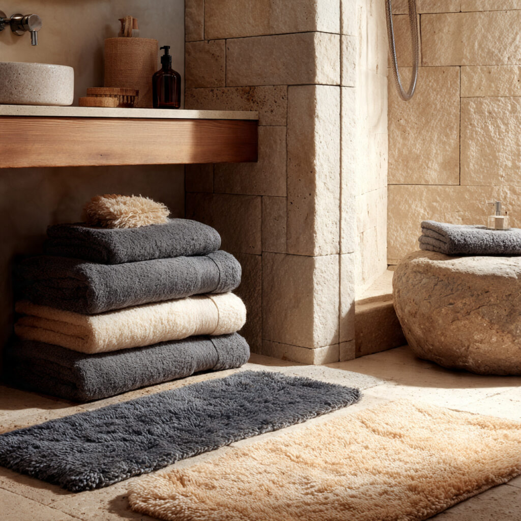 23 Boho Style Bathroom Ideas That Feel Relaxed and Aesthetic 23 a bathroom with soft towels natural rugs