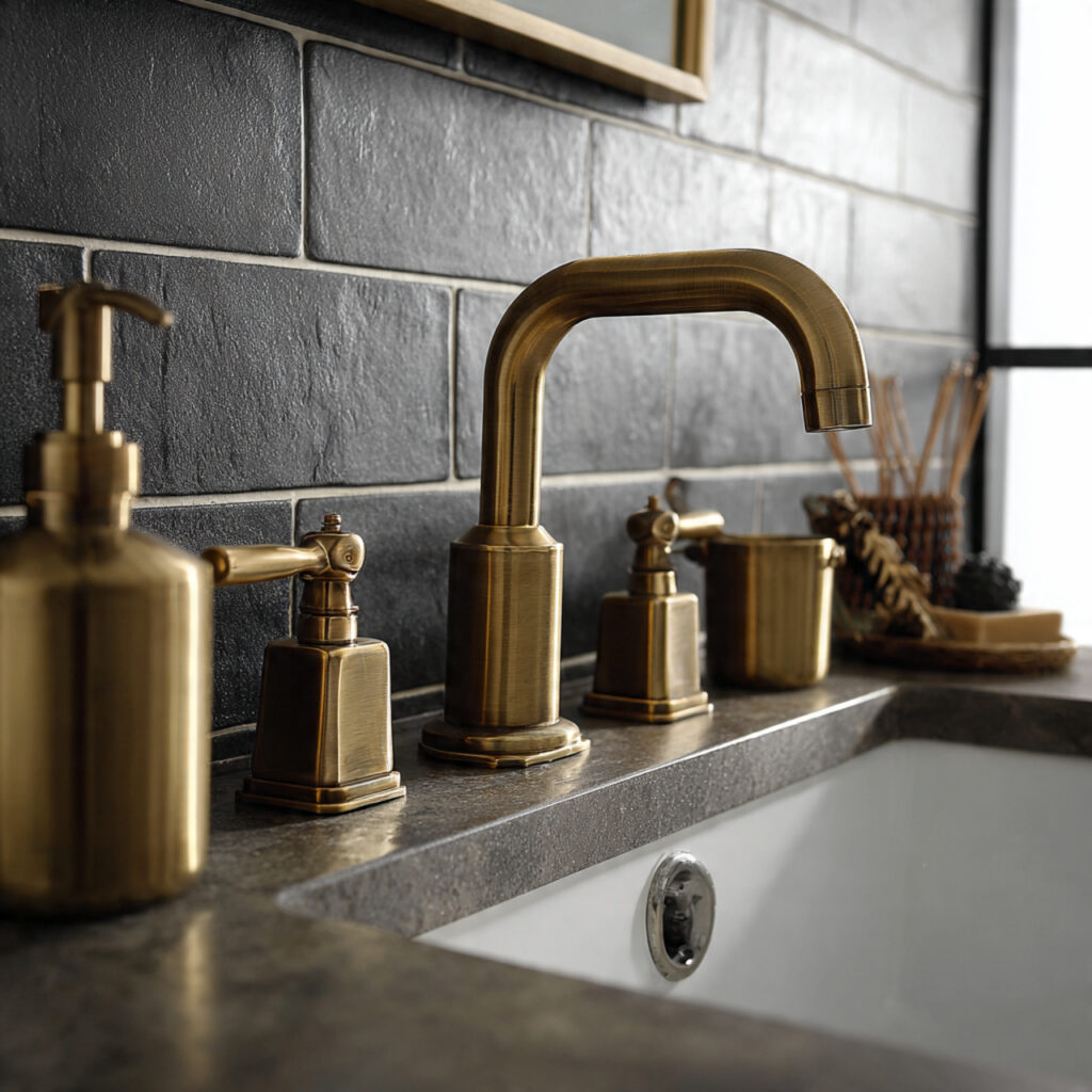 23 Boho Style Bathroom Ideas That Feel Relaxed and Aesthetic 12 a bathroom with warm metal accents brass