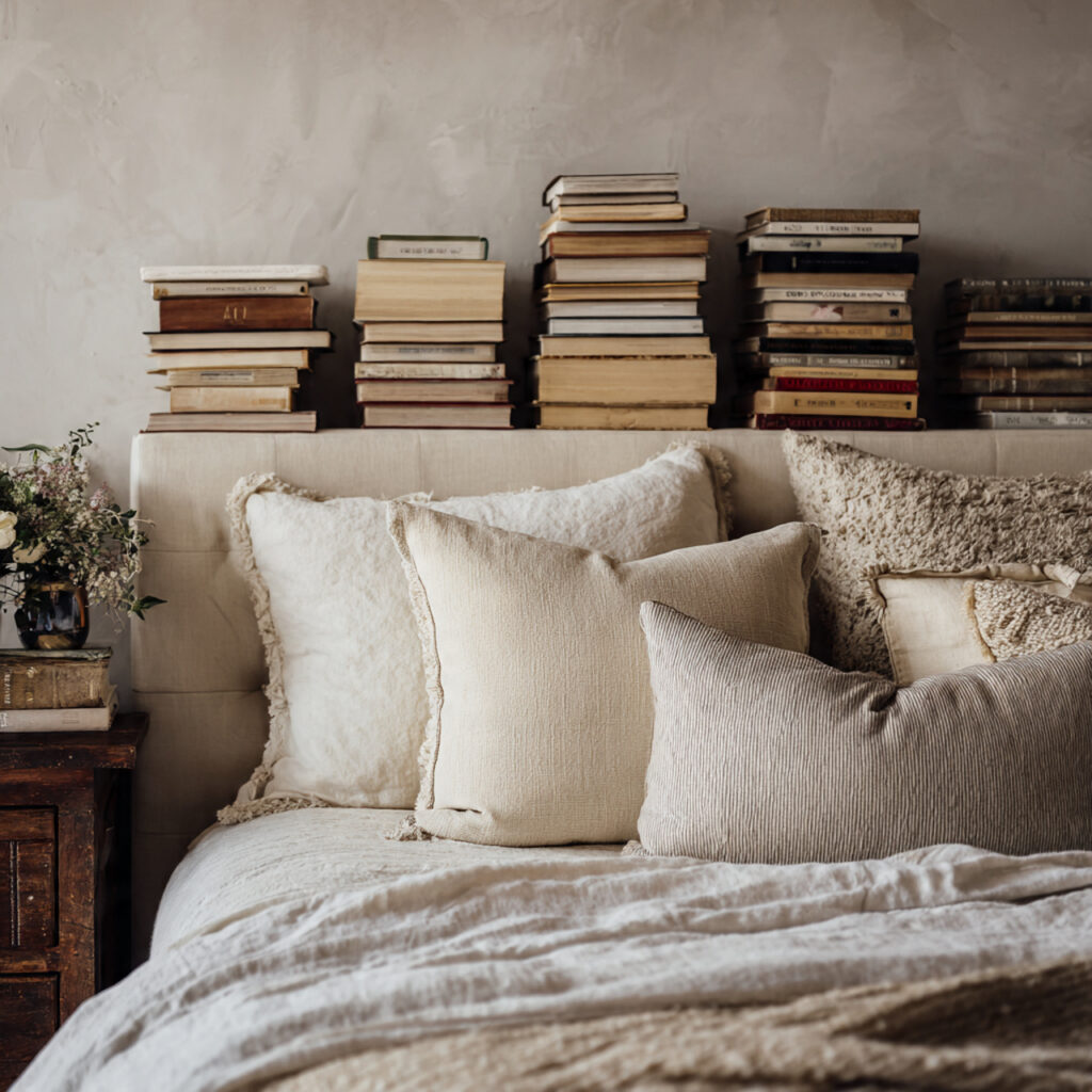 a bed without a headboard with stacked