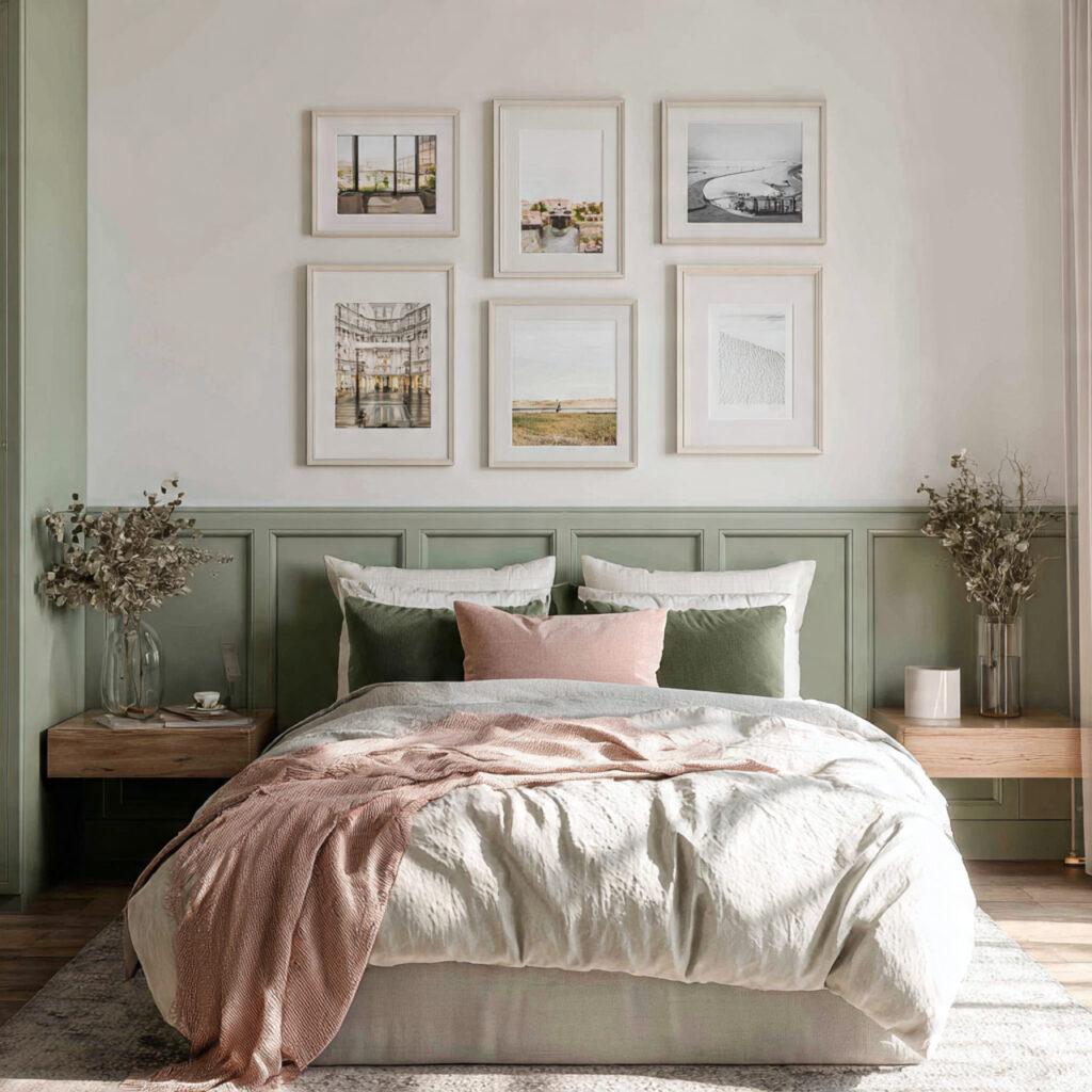25 Sage Green Bedroom Ideas That Feel Calm and Aesthetic 13 a bedroom gallery wall with sage green