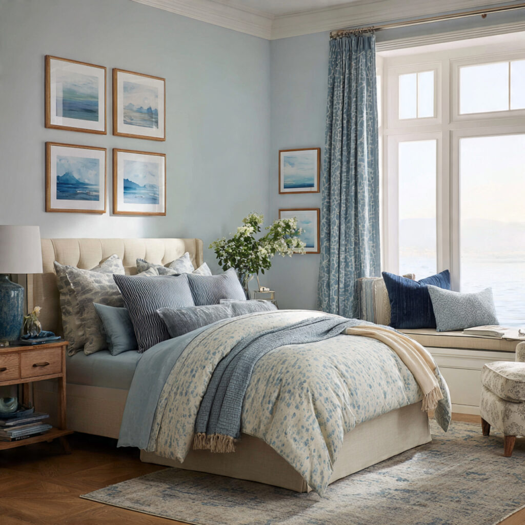 a bedroom with a calm atmosphere featuring