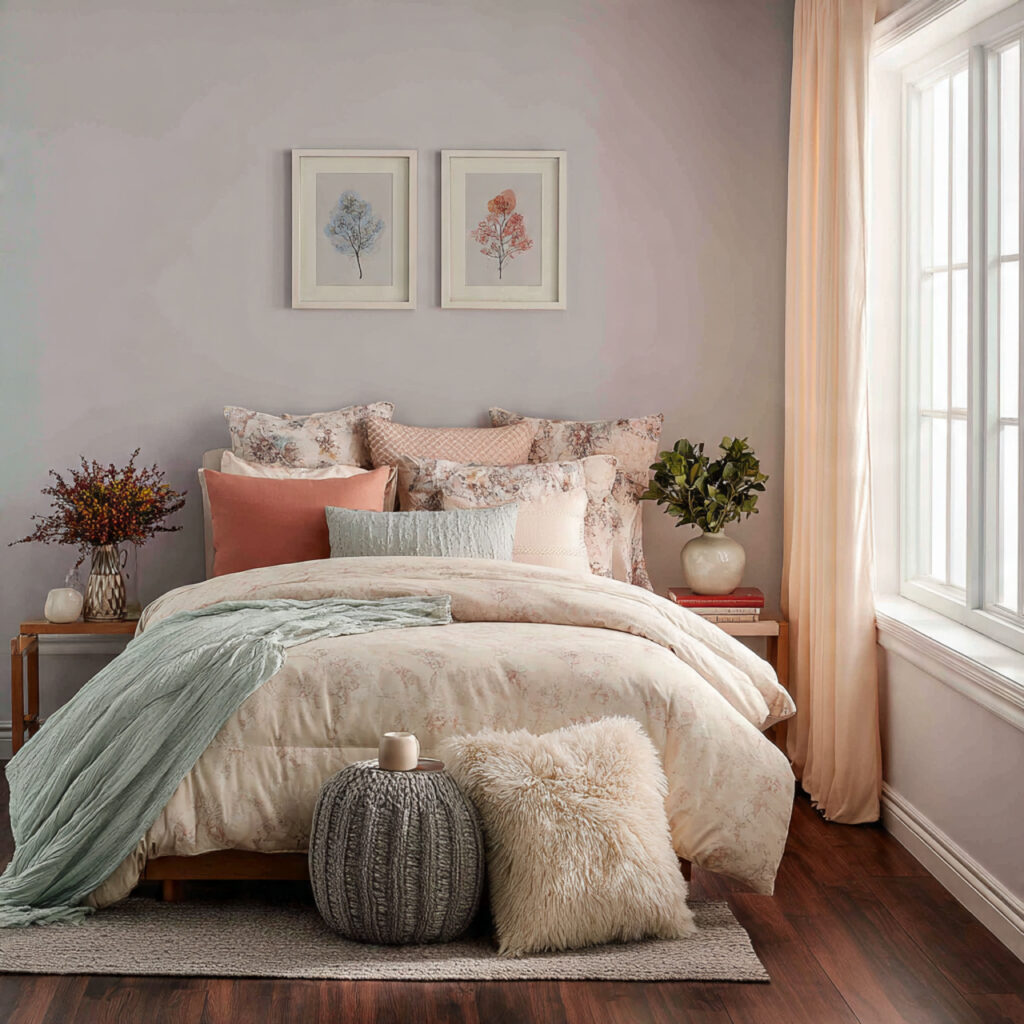 a bedroom with a consistent color theme