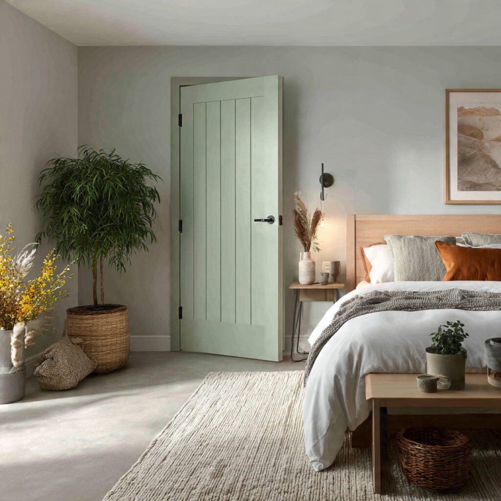 25 Sage Green Bedroom Ideas That Feel Calm and Aesthetic 22 a bedroom with a sage green door