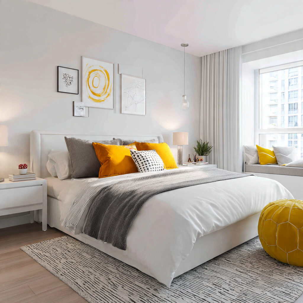 a bedroom with a white base and