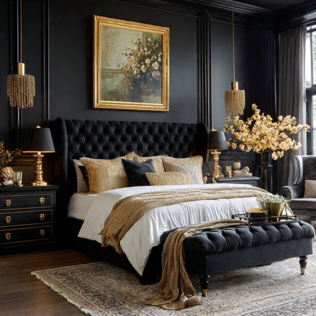 a bedroom with black walls and gold