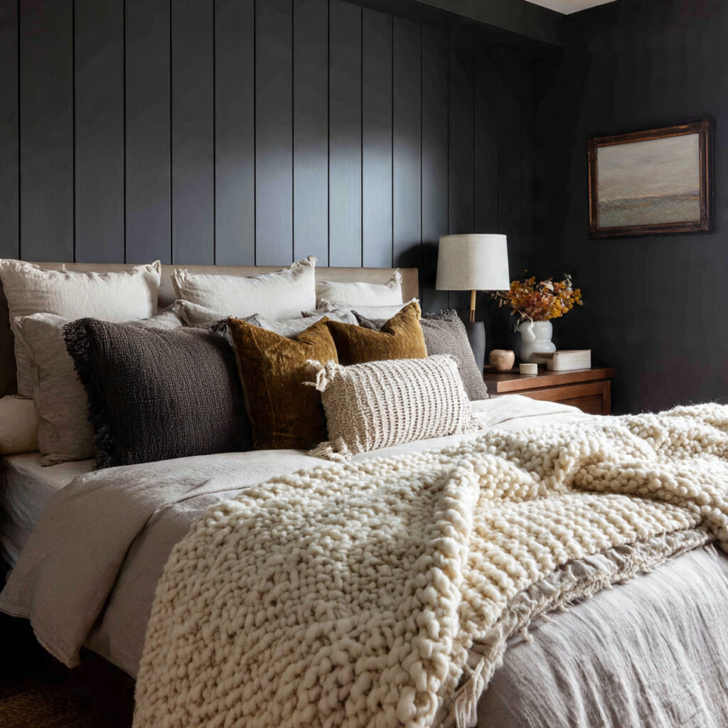 a bedroom with charcoal walls layered textures