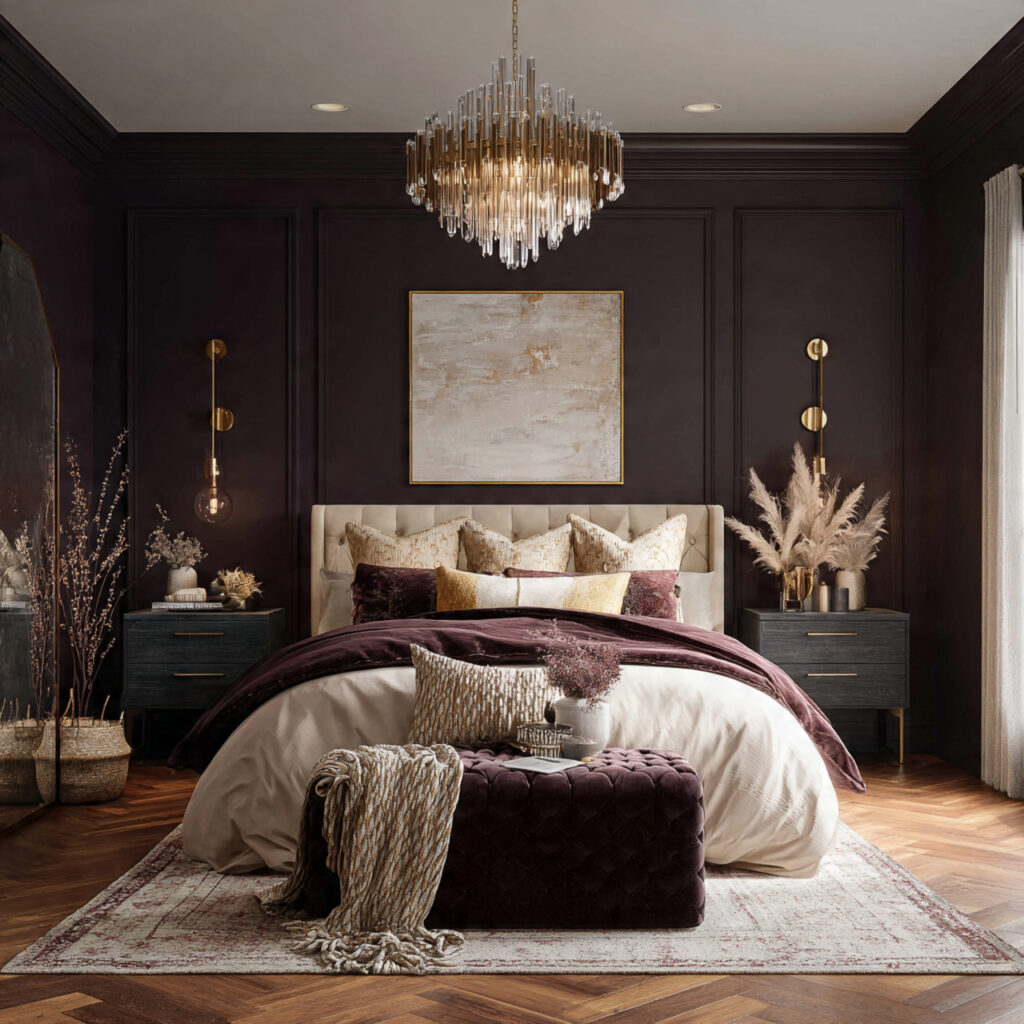 a bedroom with dark plum walls soft