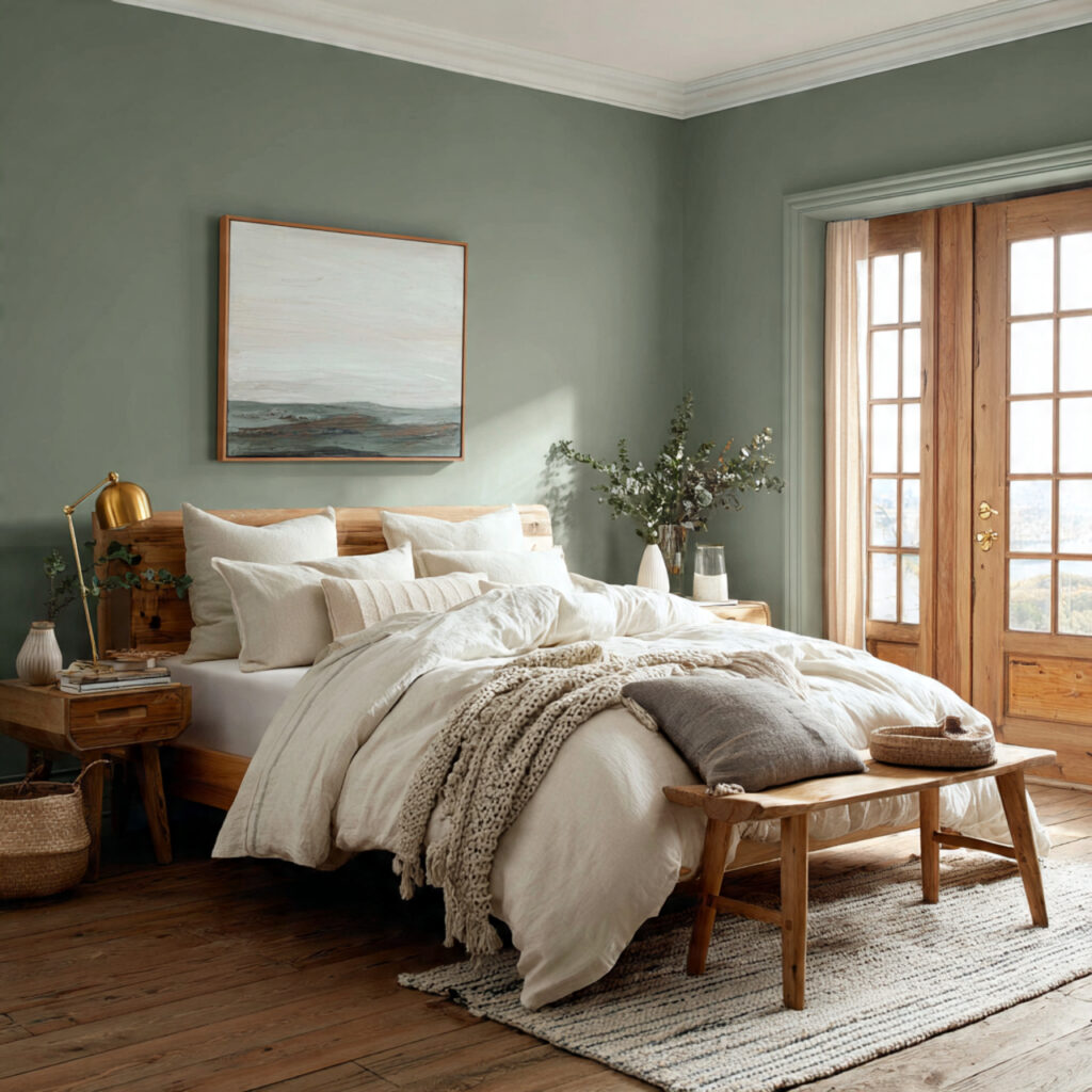 25 Sage Green Bedroom Ideas That Feel Calm and Aesthetic 3 a bedroom with full sage green walls