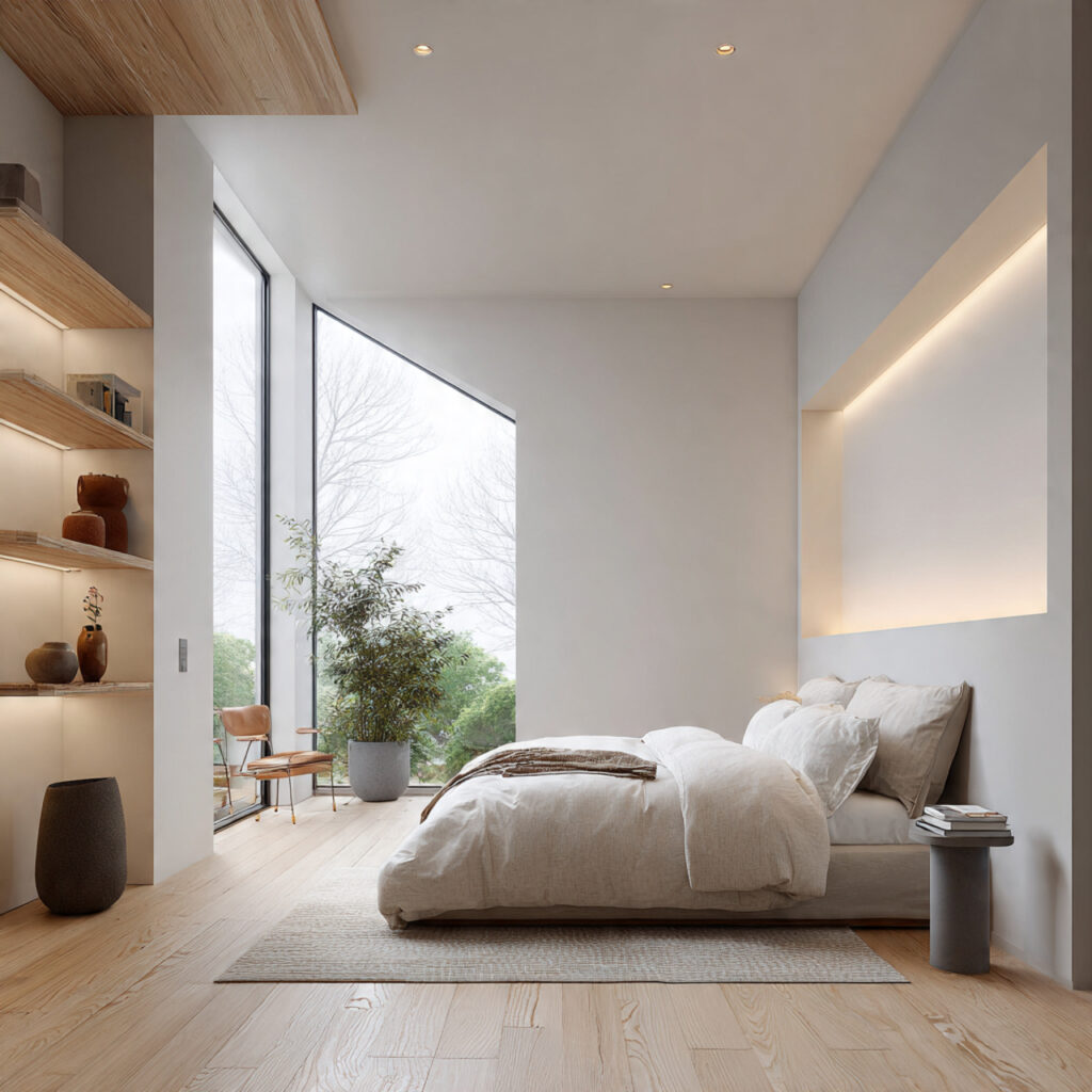a bedroom with open wall space allowing