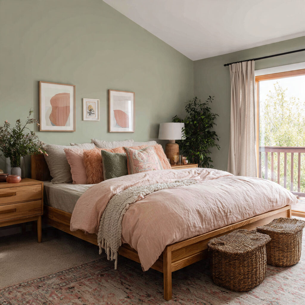 25 Sage Green Bedroom Ideas That Feel Calm and Aesthetic 18 a bedroom with sage green walls blush
