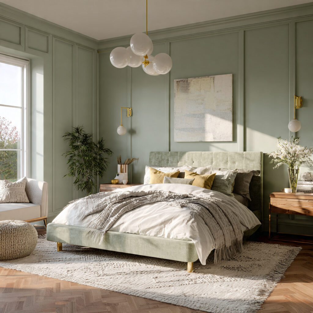25 Sage Green Bedroom Ideas That Feel Calm and Aesthetic 25 a bedroom with sage green walls gold