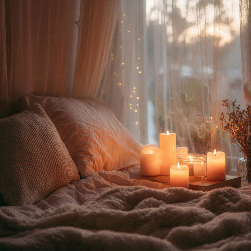 a bedroom with soft scented candles creating