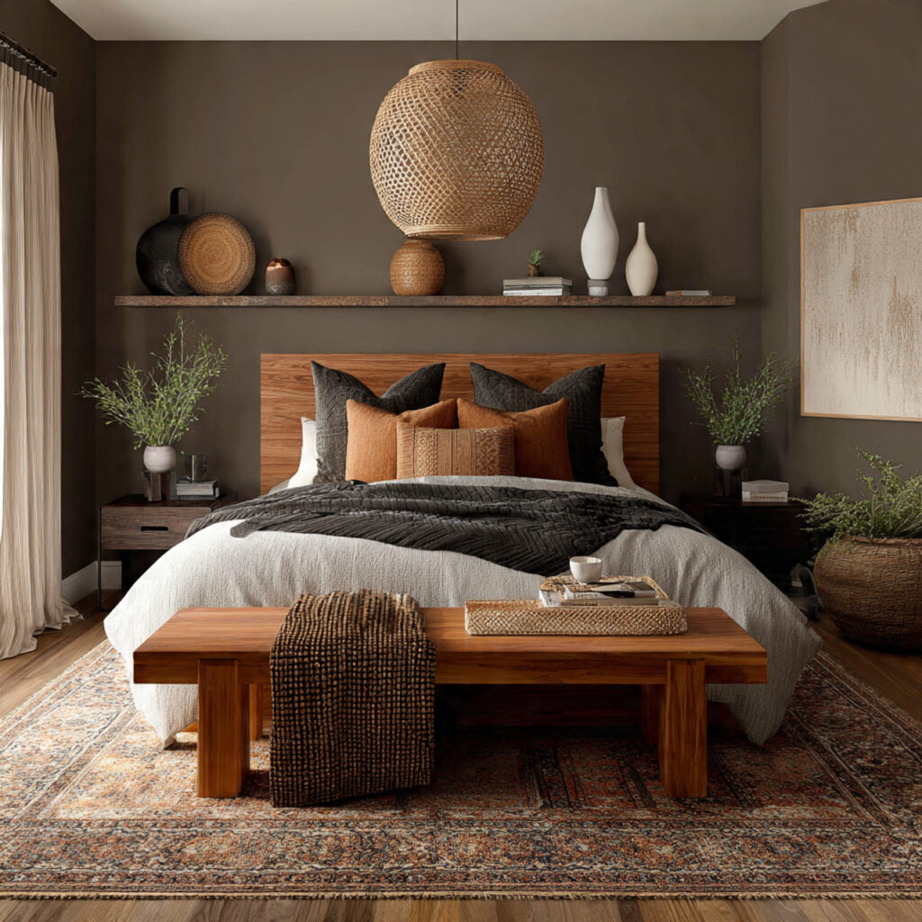 a boho bedroom with dark earth tones