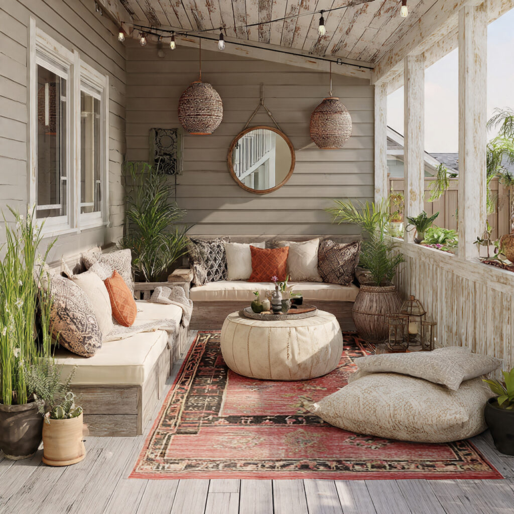 a boho patio with vintage or distressed