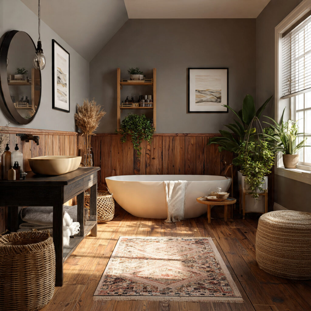 23 Boho Style Bathroom Ideas That Feel Relaxed and Aesthetic 2 a boho style bathroom with natural wood
