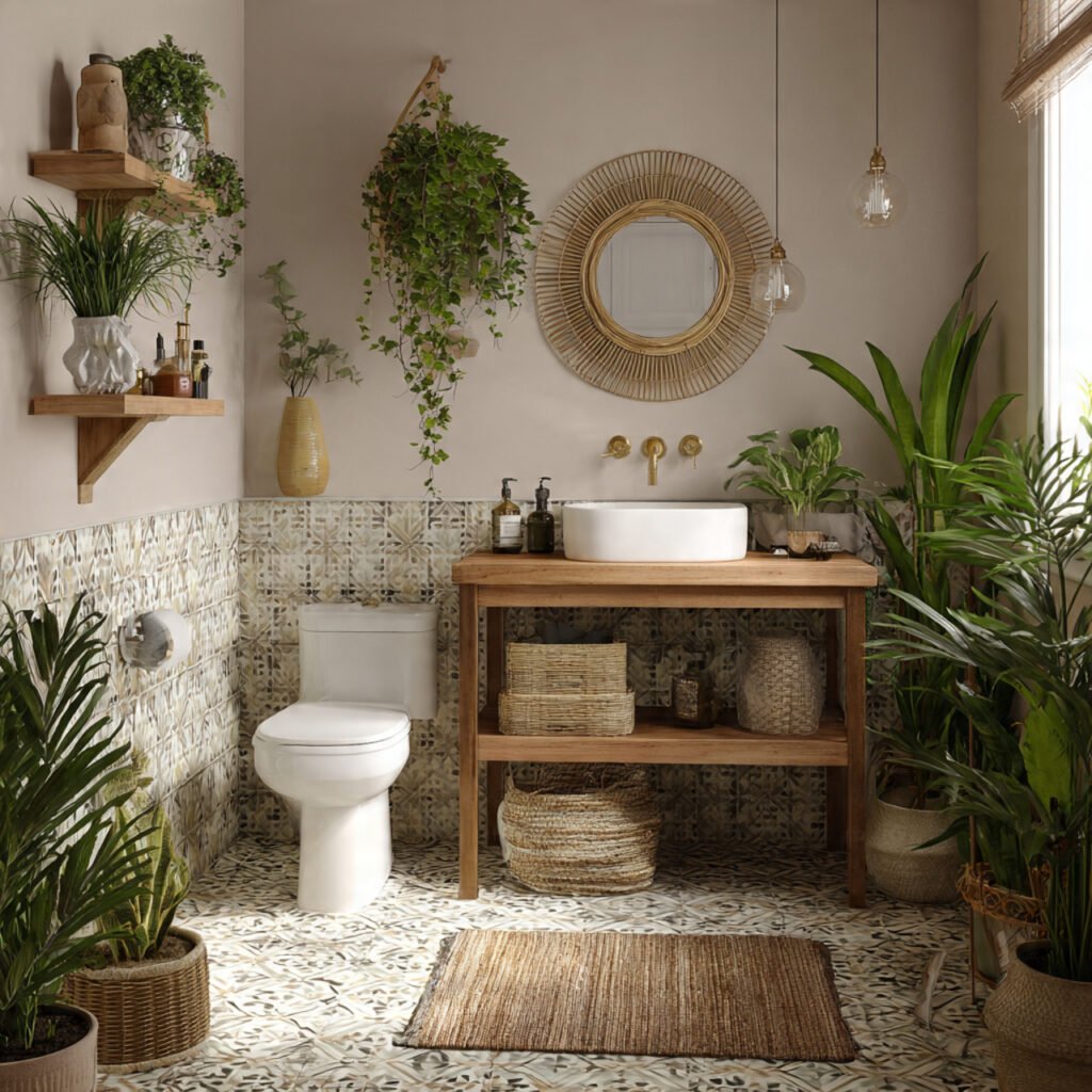 23 Boho Style Bathroom Ideas That Feel Relaxed and Aesthetic 6 a boho style bathroom with plants