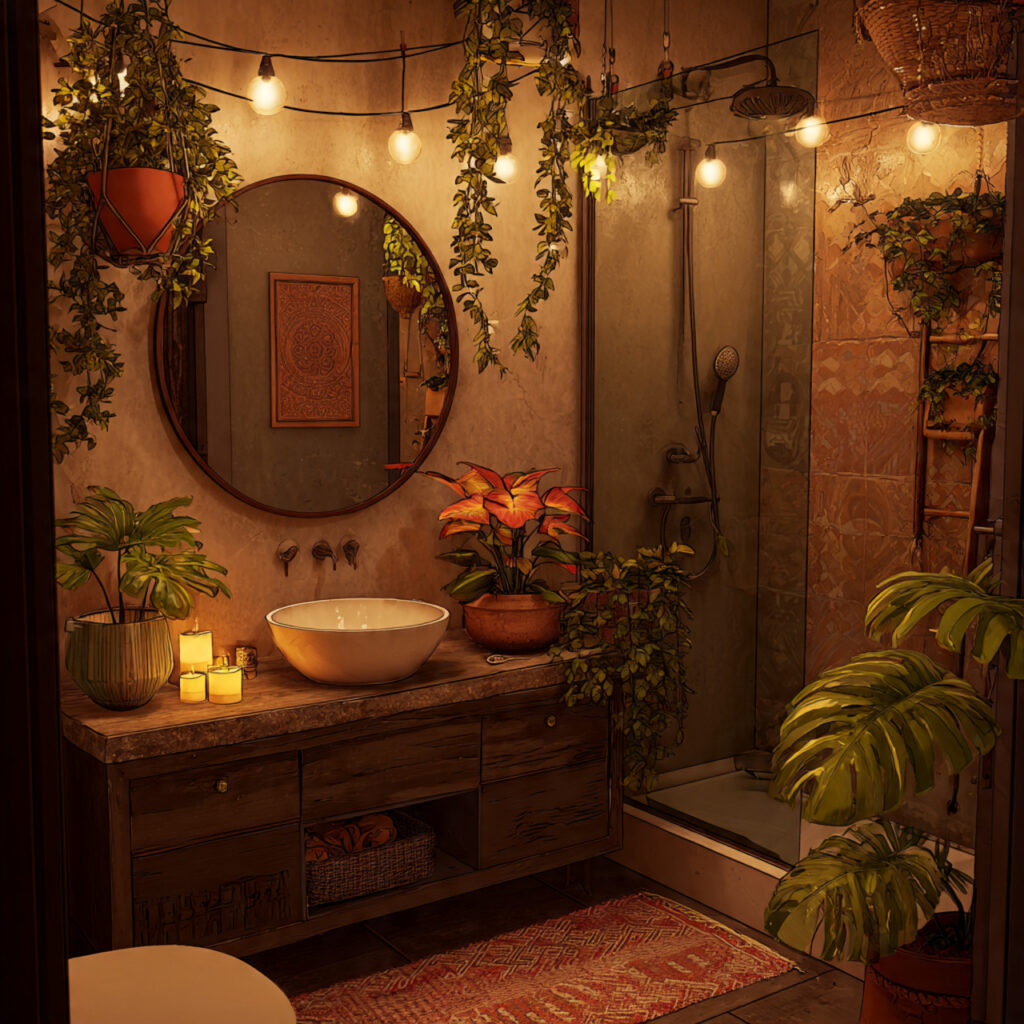 23 Boho Style Bathroom Ideas That Feel Relaxed and Aesthetic 20 a boho style bathroom with warm ambient