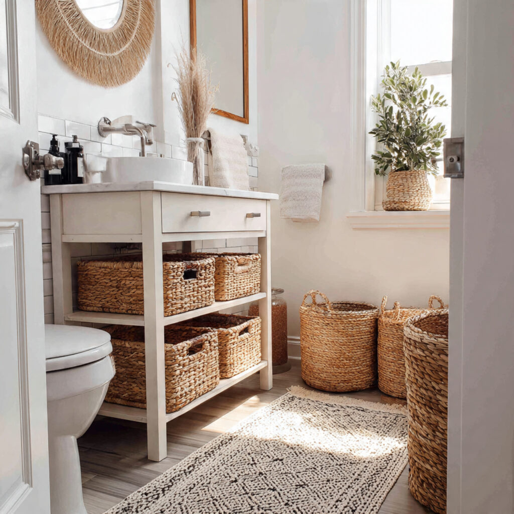 23 Boho Style Bathroom Ideas That Feel Relaxed and Aesthetic 8 a boho style bathroom with woven baskets