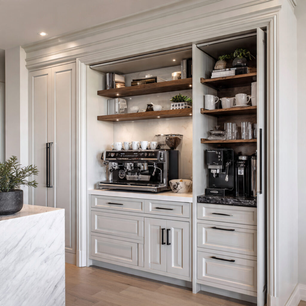 a built in coffee bar integrates seamlessly into