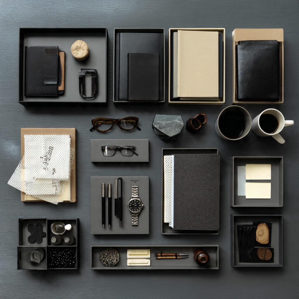 a clean and organized desk with trays