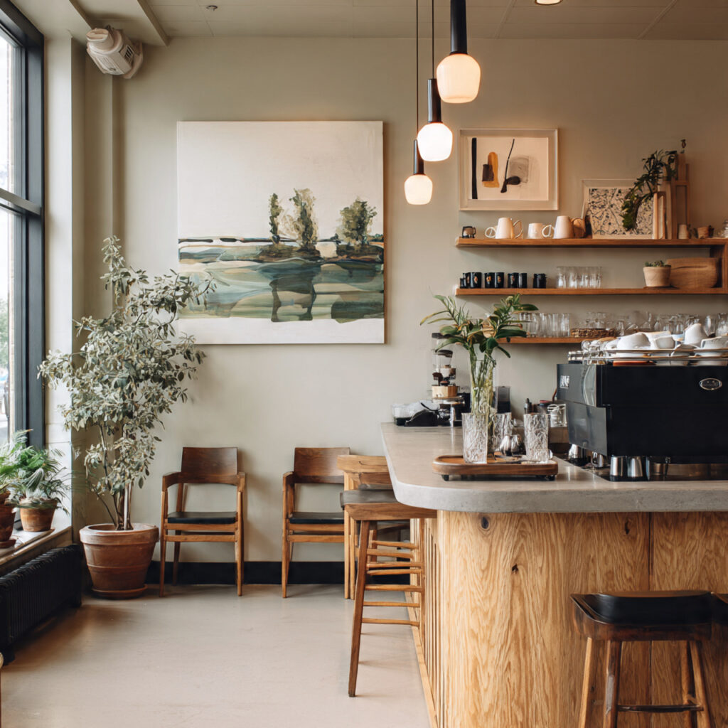 a coffee bar with minimal wall art