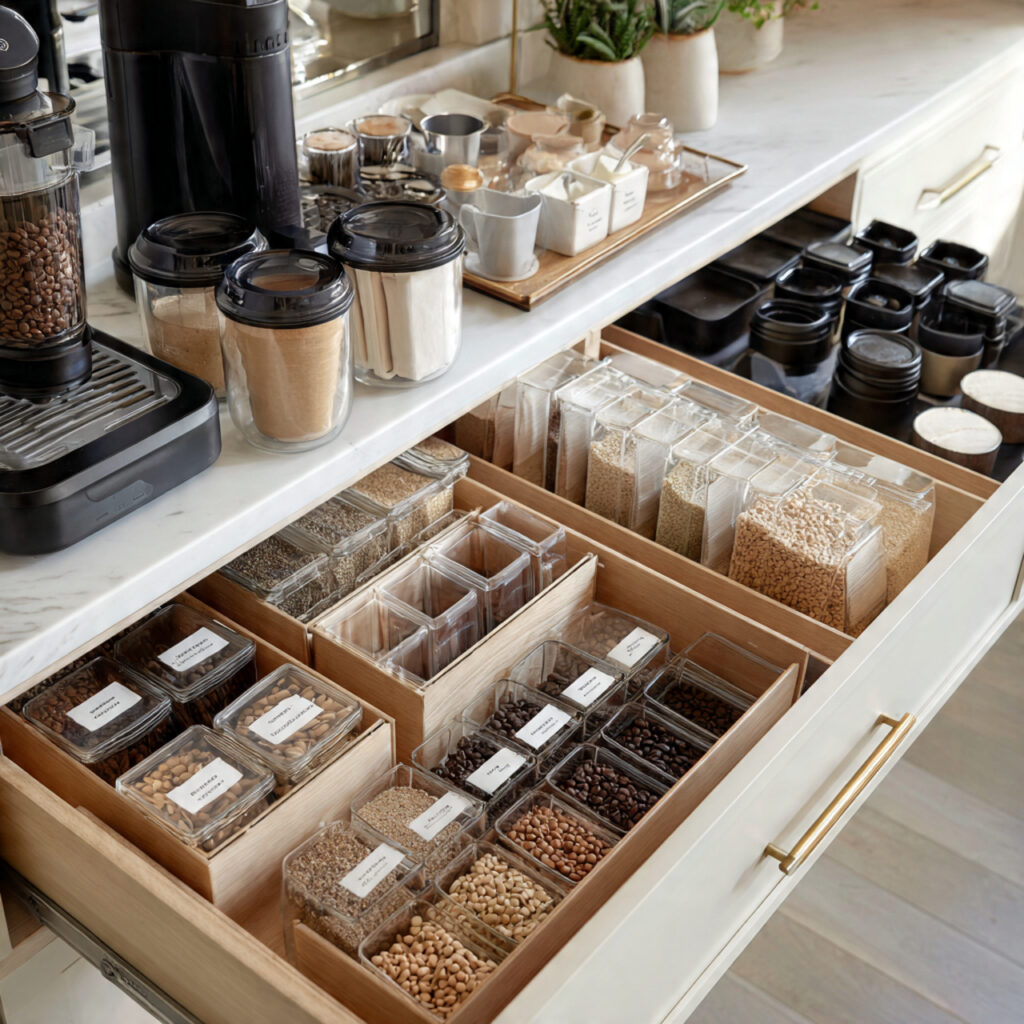a coffee bar with smart organization systems
