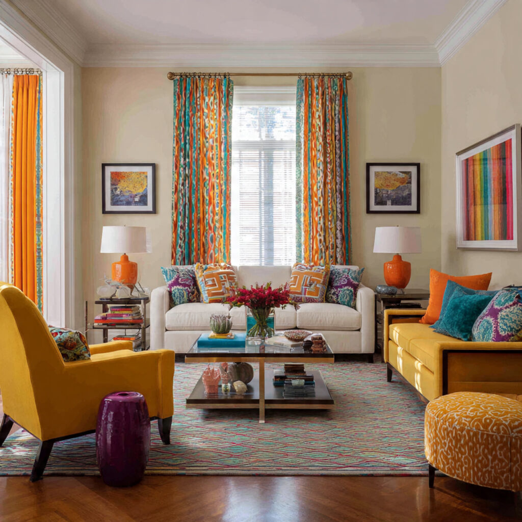 a colorful living room with balanced patterns