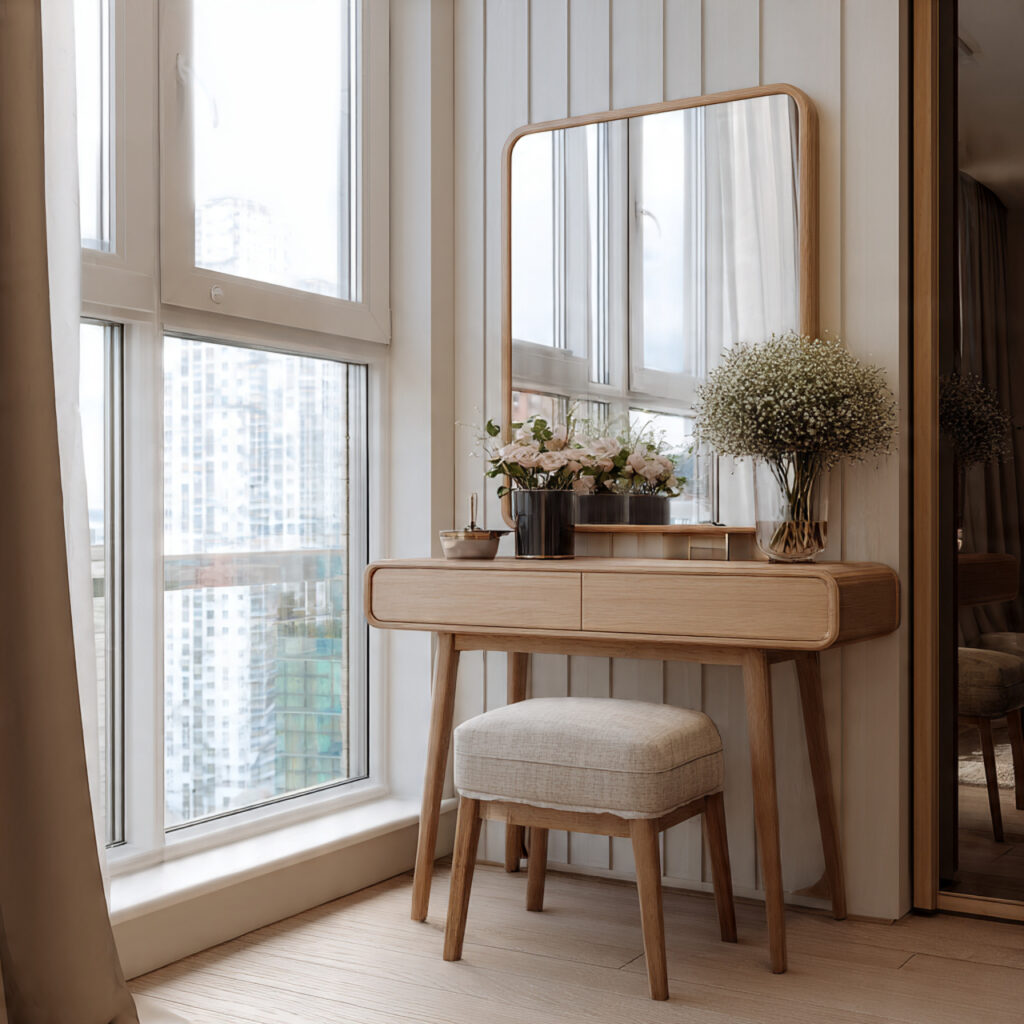 a compact vanity placed near a window