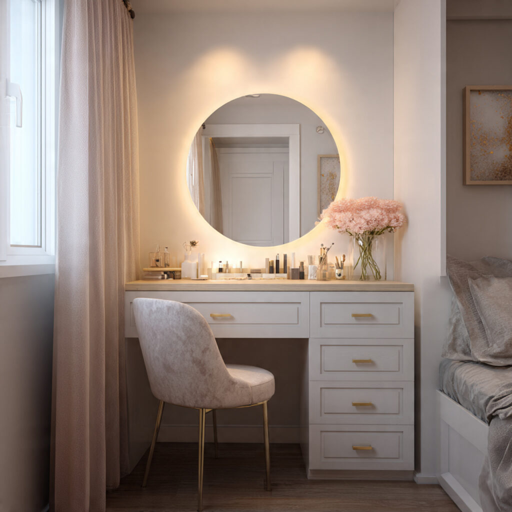 a compact vanity with built in lighting