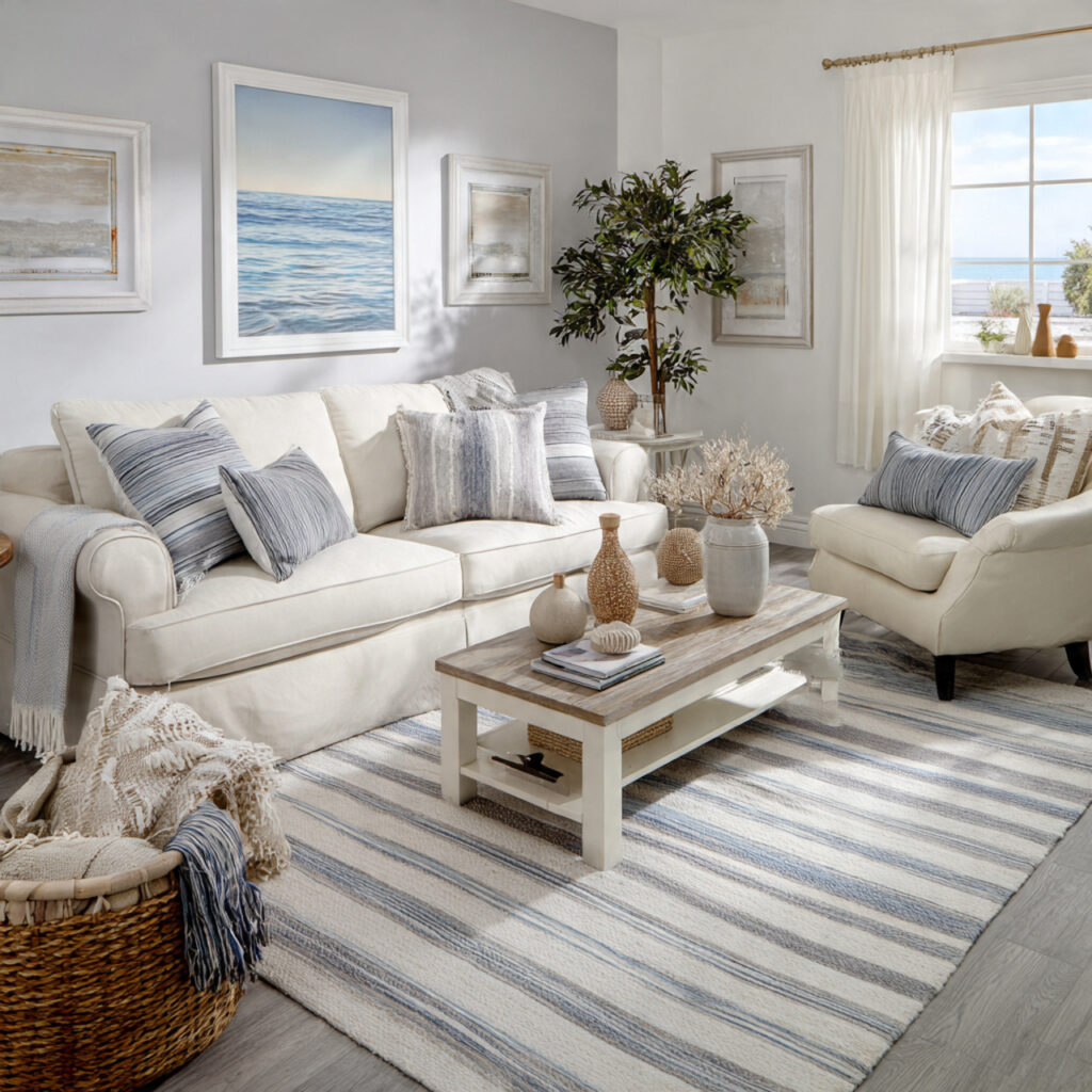a contemporary coastal living room with soft