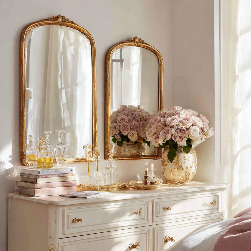 a coquette bedroom with antique style mirrors gold