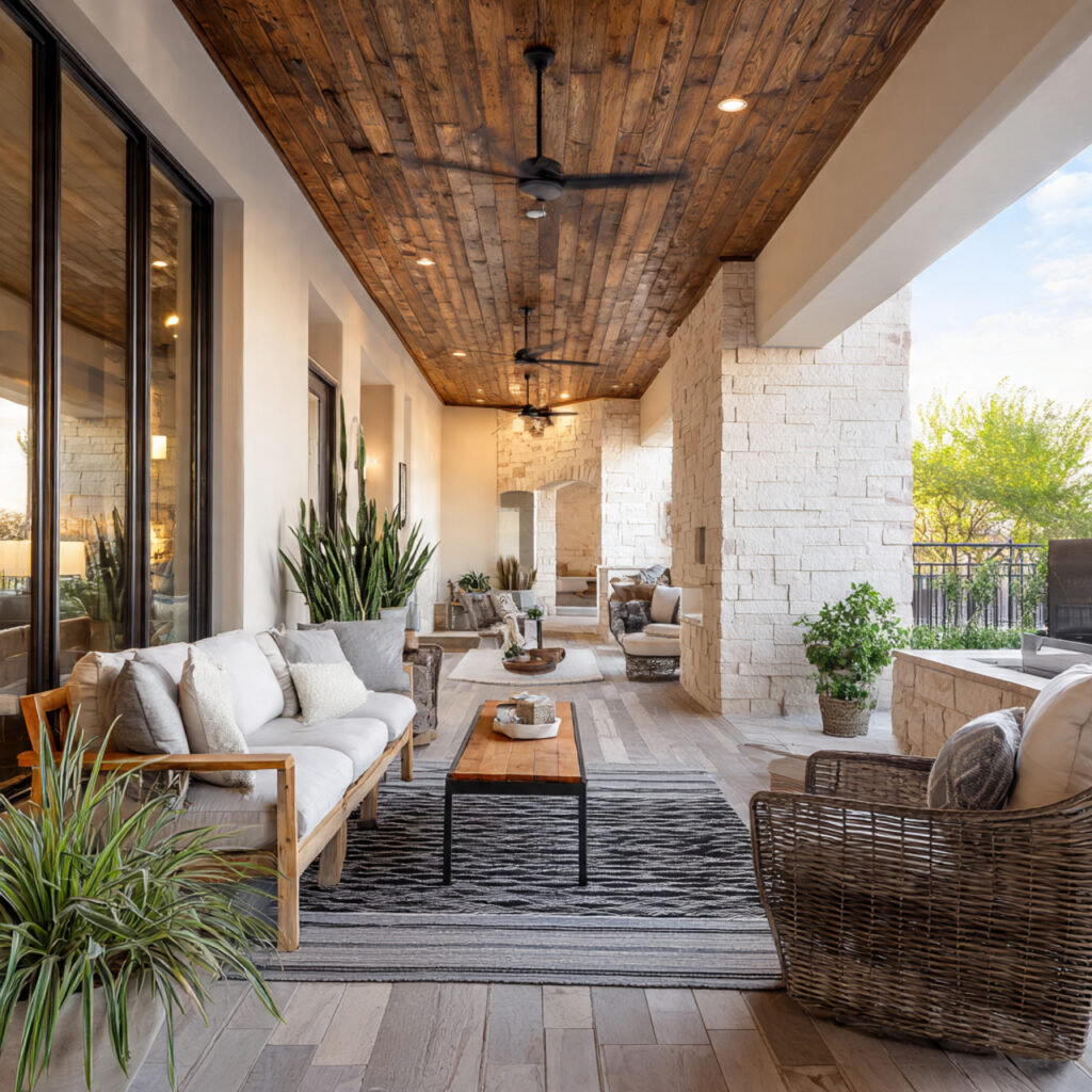 a covered patio with a ceiling fan