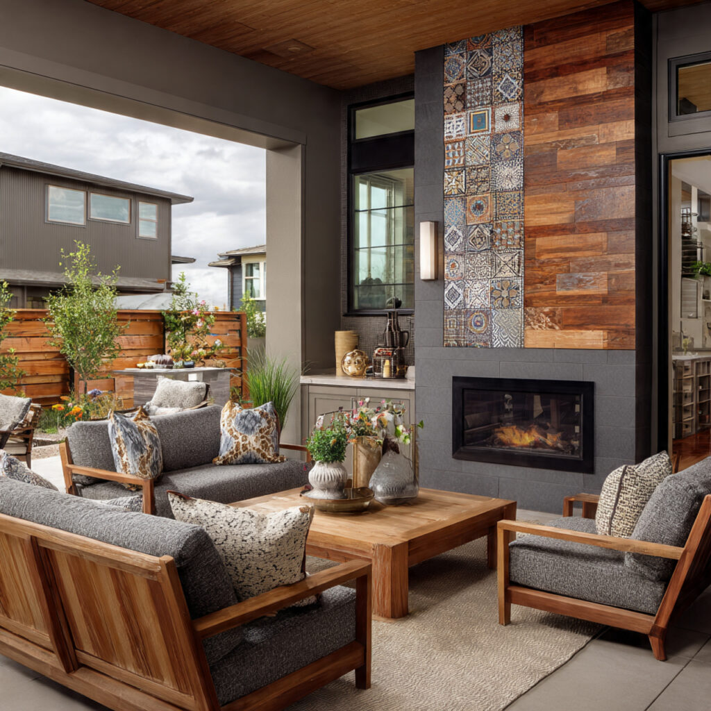 a covered patio with an accent wall