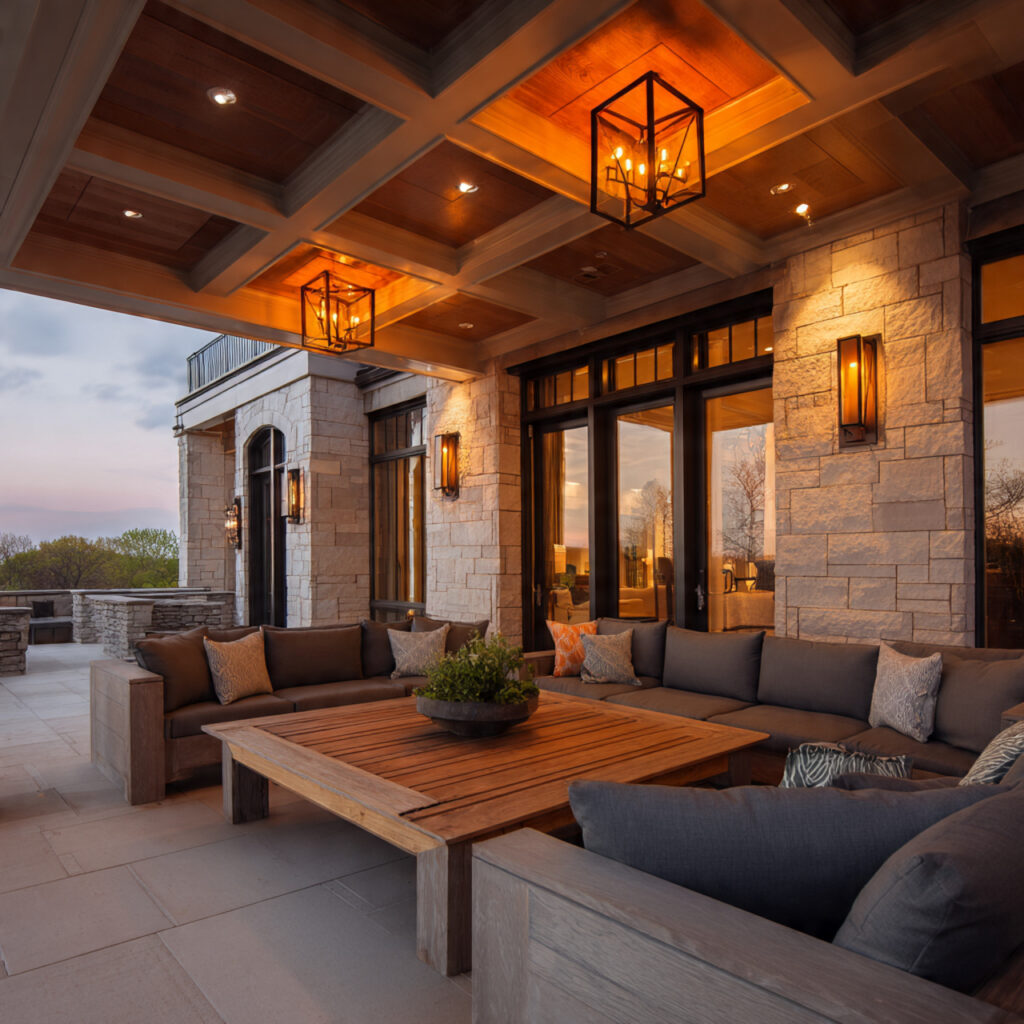 a covered patio with built in lighting