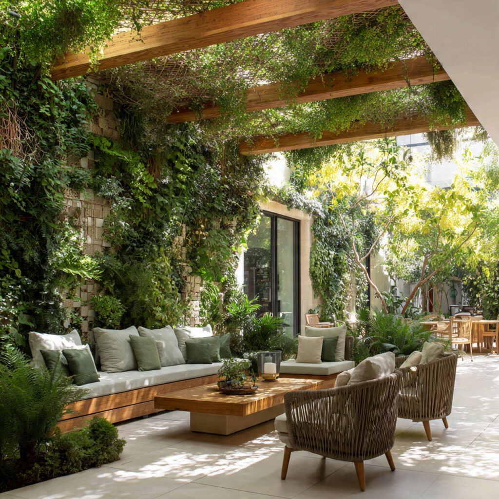 a covered patio with greenery integration plants