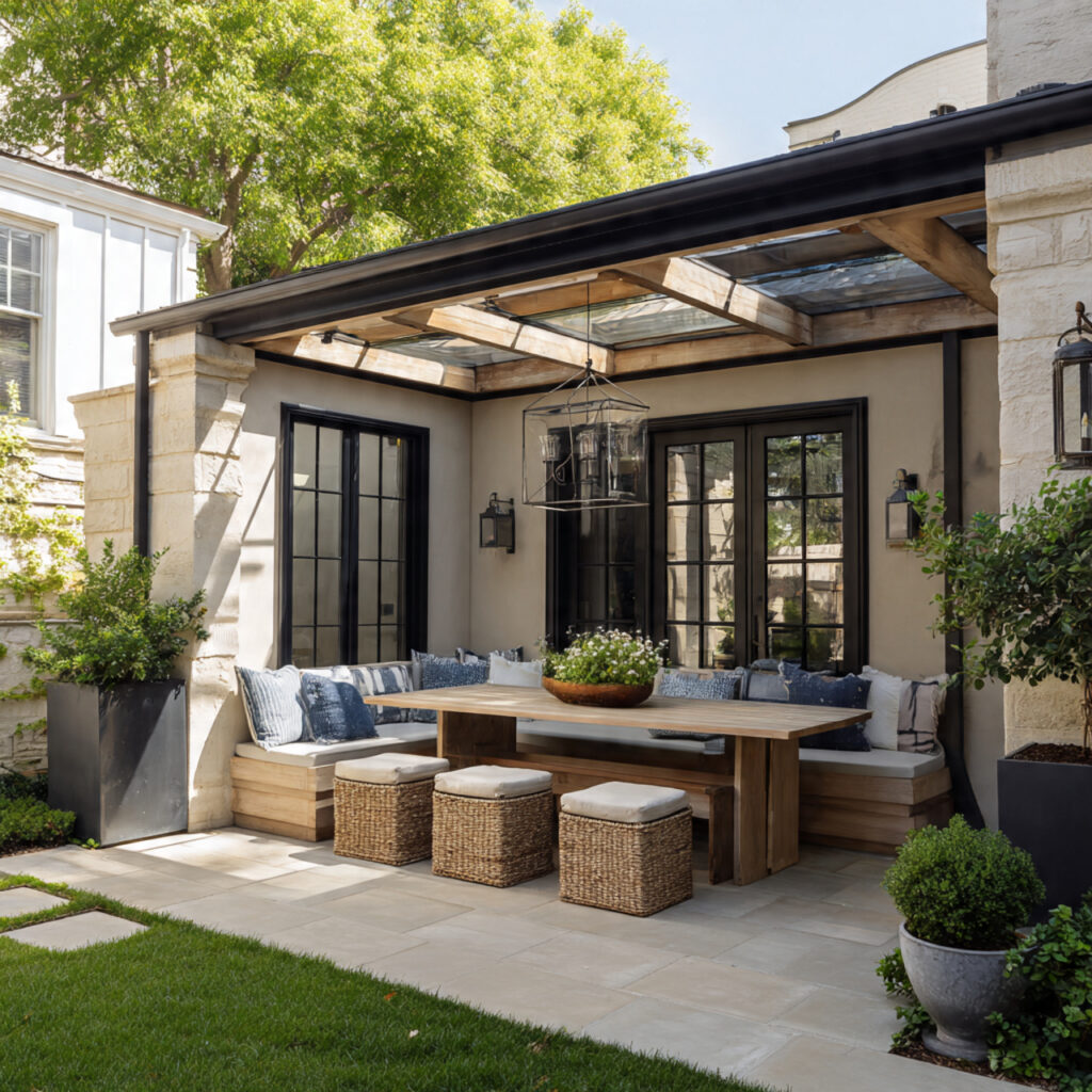 a covered patio with multi purpose seating