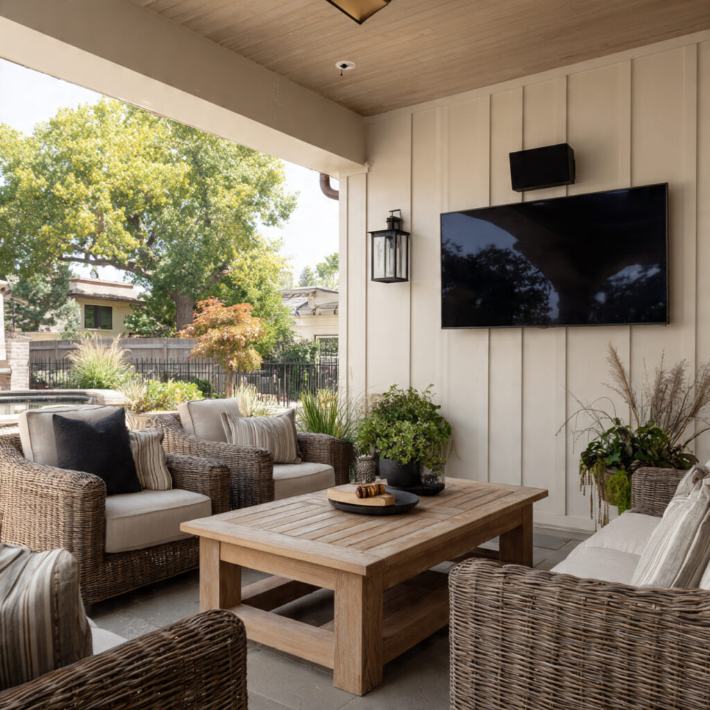a covered patio with outdoor entertainment setup