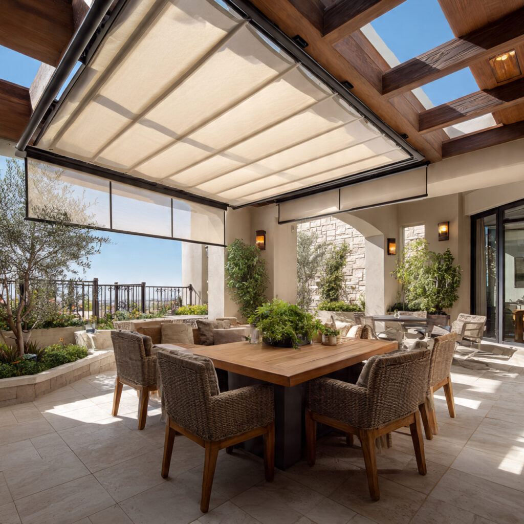 a covered patio with retractable shades perfect