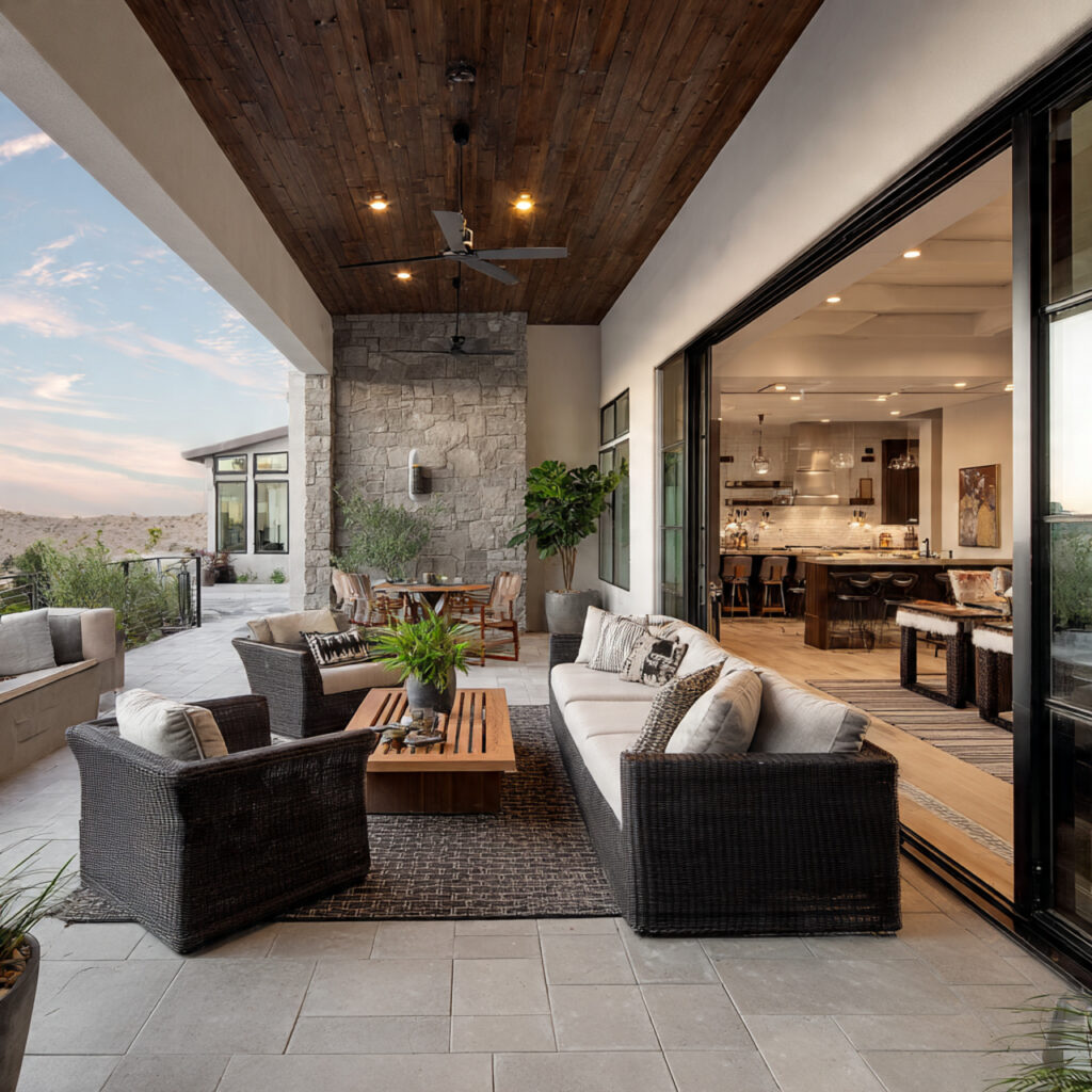 a covered patio with seamless indoor outdoor
