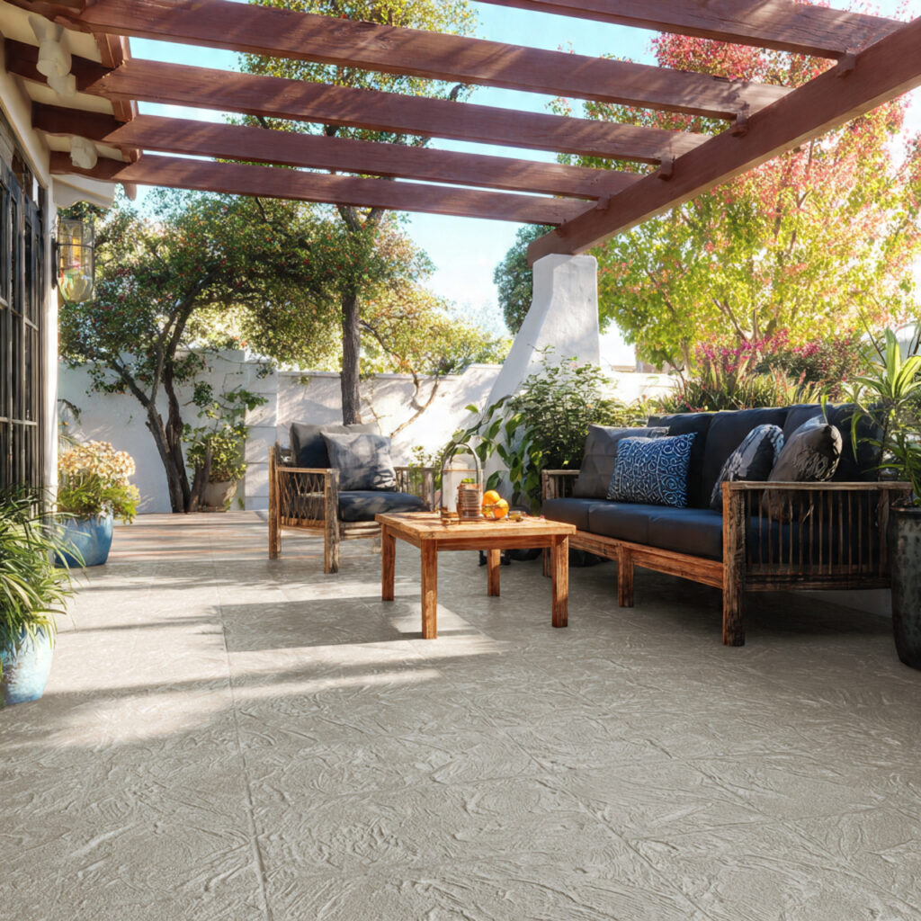 a covered patio with textured flooring