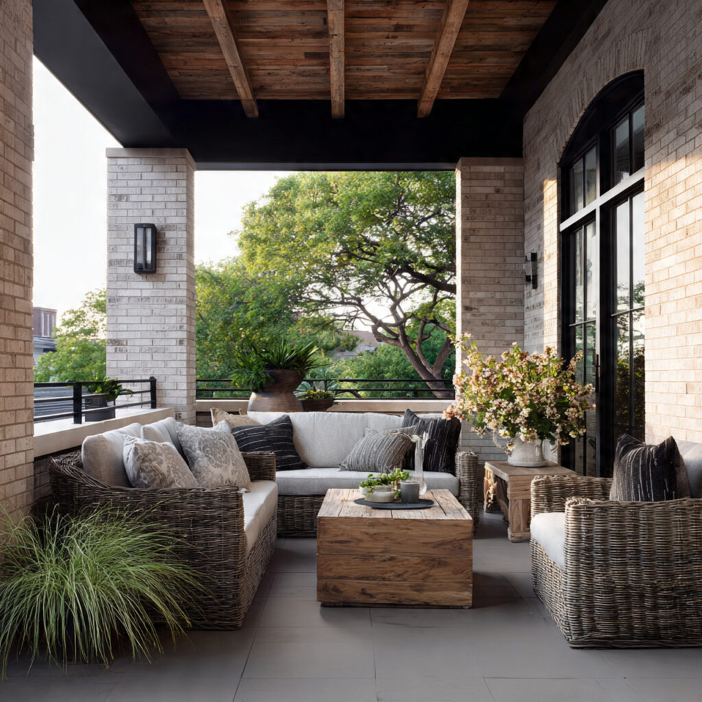 a covered patio with weather resistant furniture