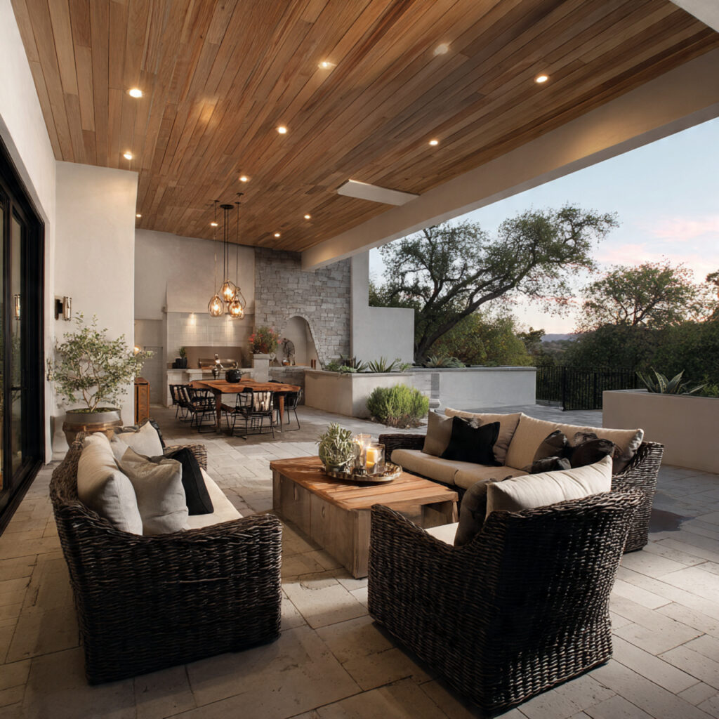 a covered patio with zoned living areas
