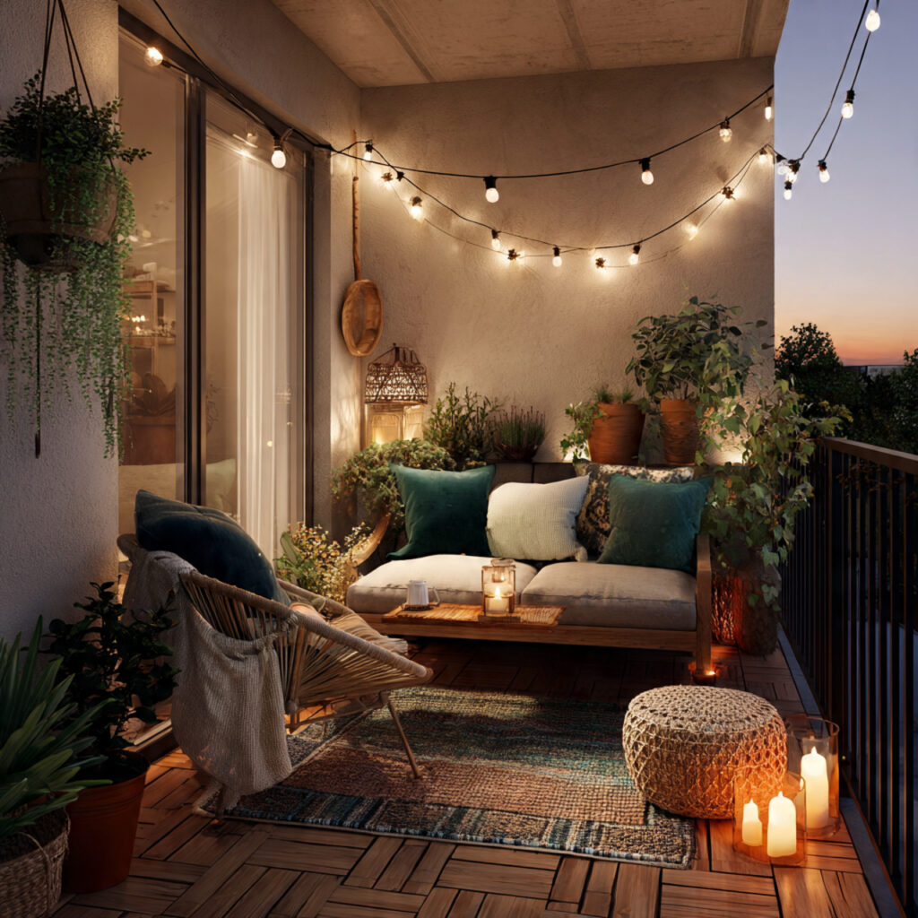 a cozy balcony with string lights and
